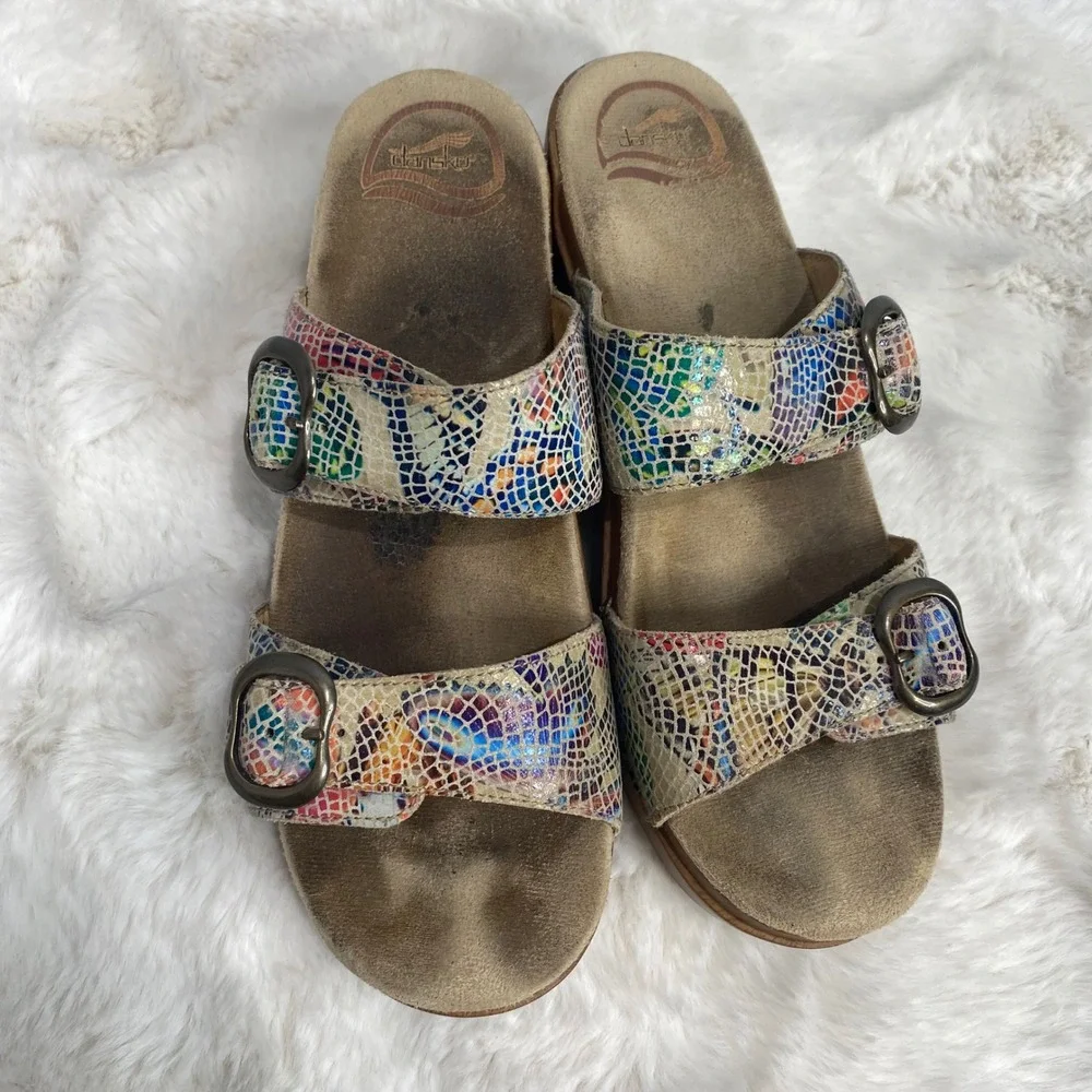 Dansko Womens Multi Color Mosaic Snake Print Leather Wedge Slide Sandals Size 38